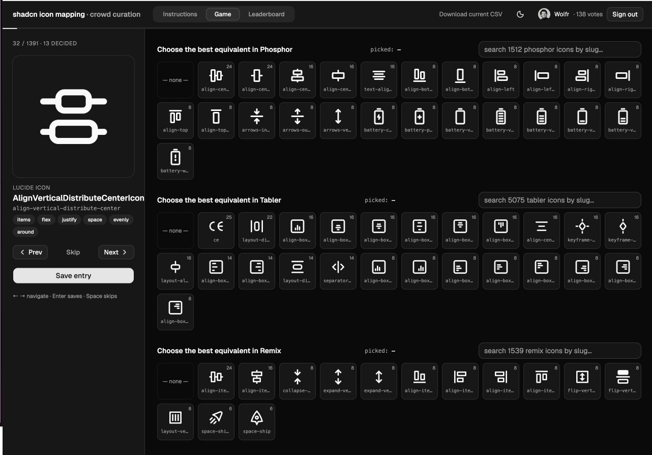 The icon mapping game: a Lucide icon on the left, with candidate equivalents to choose from in Phosphor, Tabler, and Remix