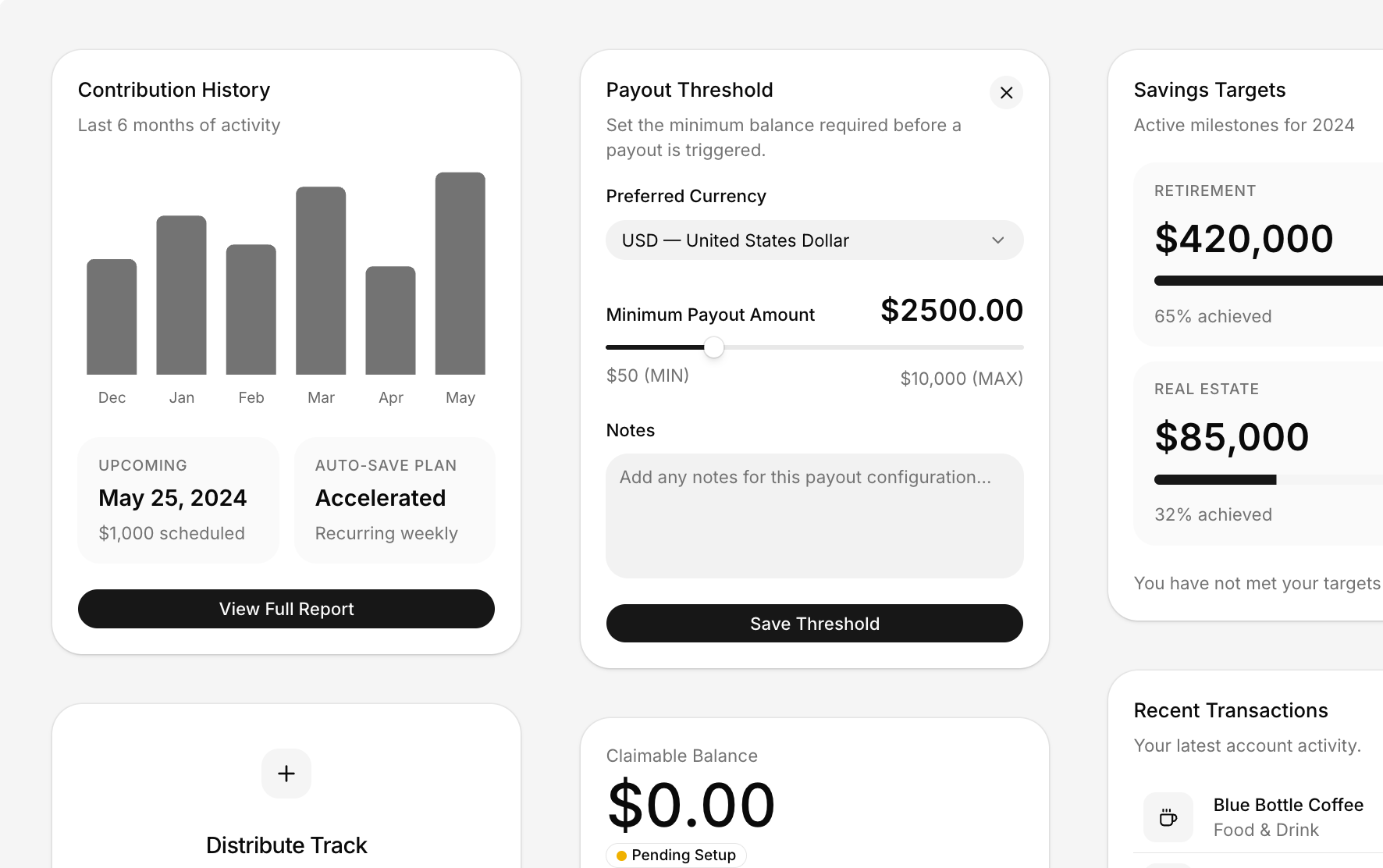 An app dashboard built in the Rhea style — compact cards for contribution history, a payout threshold dialog, savings targets and recent transactions